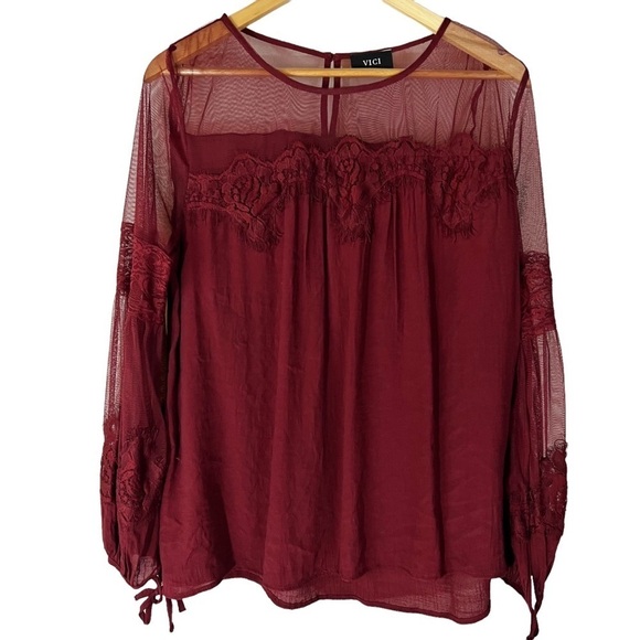Vici Contrast Sheer Mesh Maroon Blouse Fairycore - Picture 2 of 6